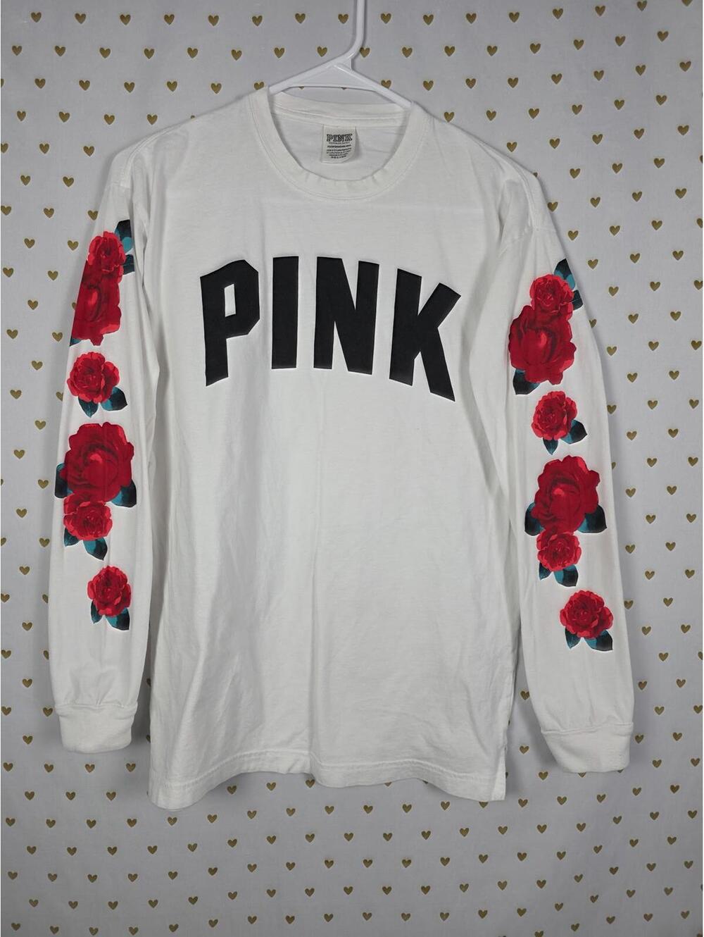 Victorias Secret PINK Long Sleeve FLORAL Campus Logo Tee Shirt White XS